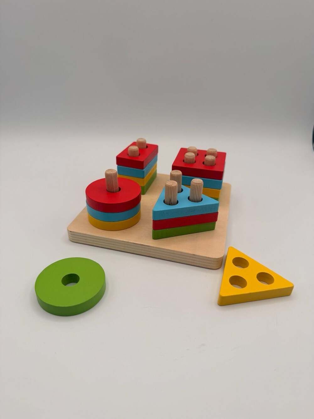 Montessori Wooden Shape Sorting and Stacking Toy, 4 Column Geometric Blocks